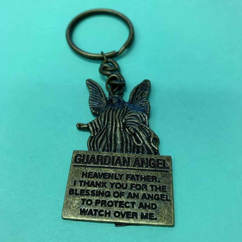Guardian Angel Gold Tone Bronze Look Key Chain Key Ring Heavenly Father